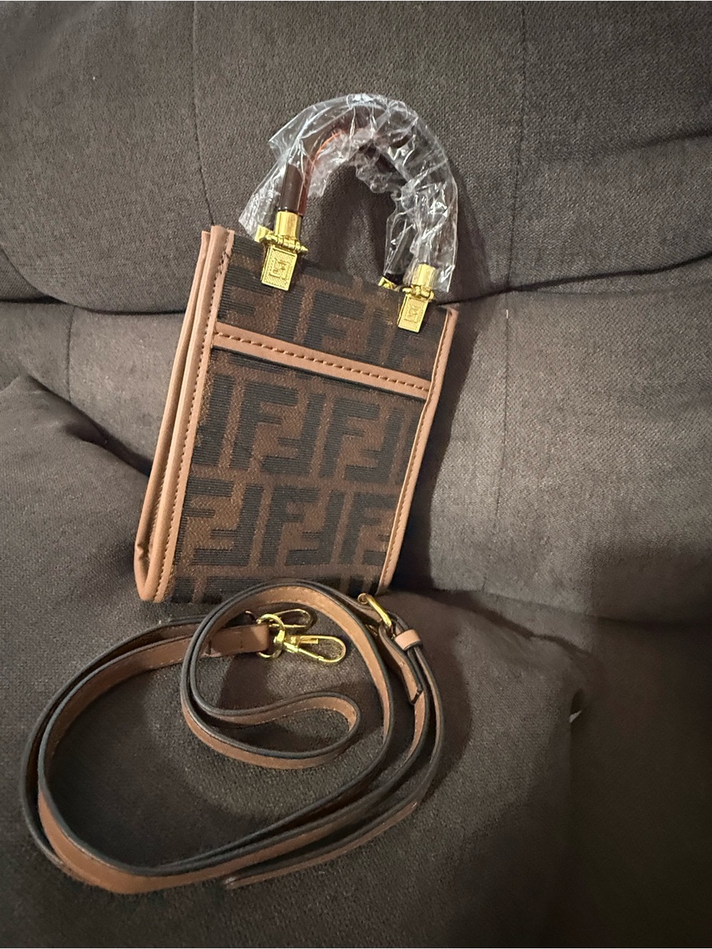 Monogram Mini Messenger Phone Bag in Brown